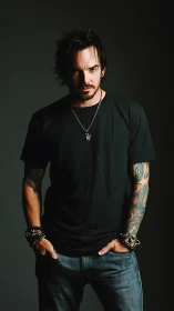Tattooed man in black t-shirt posed against dark studio backdrop.