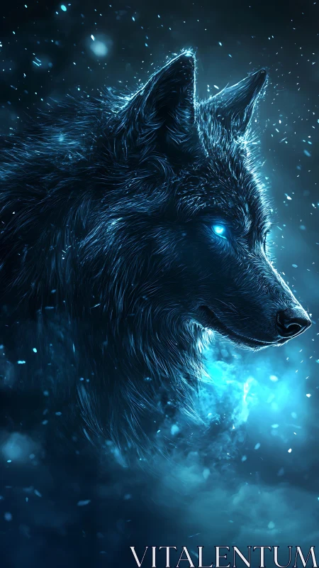 Luminous blue wolf portrait in ethereal frozen atmosphere.