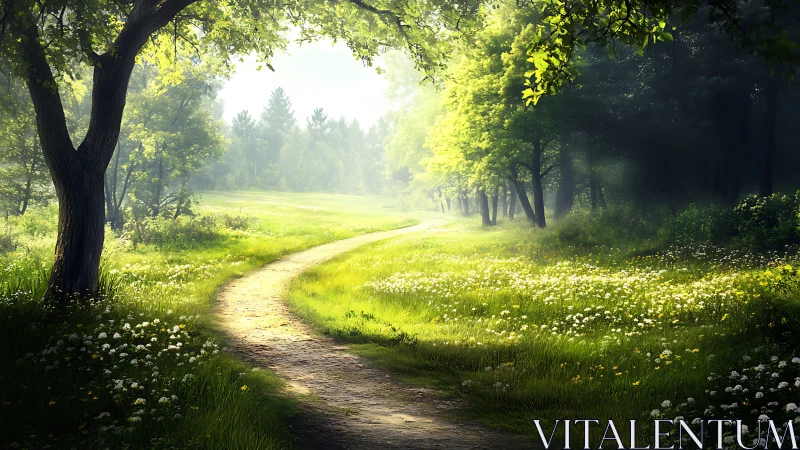 Serene sunlit forest path with wildflowers, digital nature art.