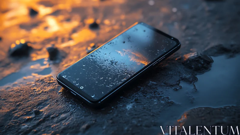 Smartphone with water droplets on wet stone surface in amber sunset light.