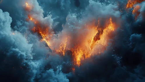 Celestial fire formation against storm clouds with stellar elements.