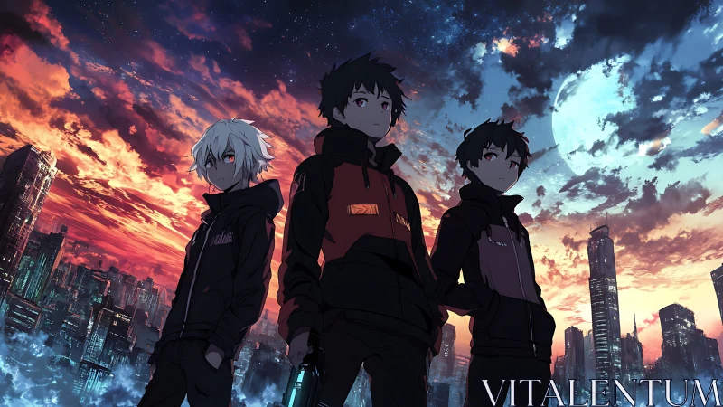 Three anime teens stand over neon city at dramatic dusk.