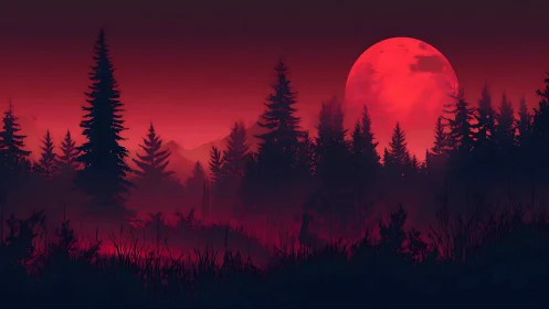 Atmospheric silhouetted forest landscape with oversized red moon during twilight