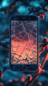 Cracked smartphone screen against soft orange bokeh glow.