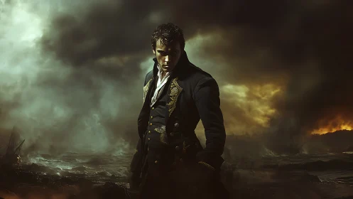 Storm-lashed captain stalks the burning horizon in silence