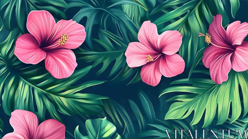 Pink Tropical Blooms Dancing Among Lush Green Foliage.