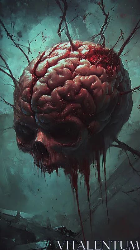 Suspended exposed brain-skull hybrid rendered in visceral detail