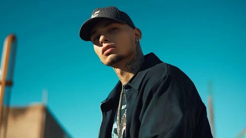 Urban portrait captures confident man under vivid sky.