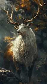 Majestic white stag stands beneath autumn forest canopy