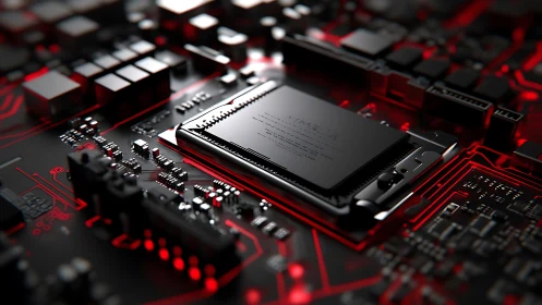Neon-red motherboard city crowned by a sleek central chip.