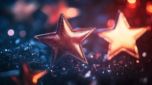 Metallic star decorations with colored bokeh lights.