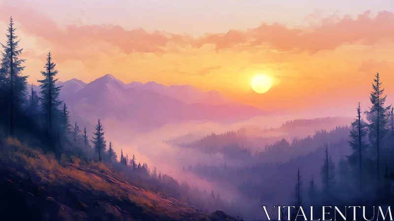 Sun over layered mountain forest with diffuse morning haze.