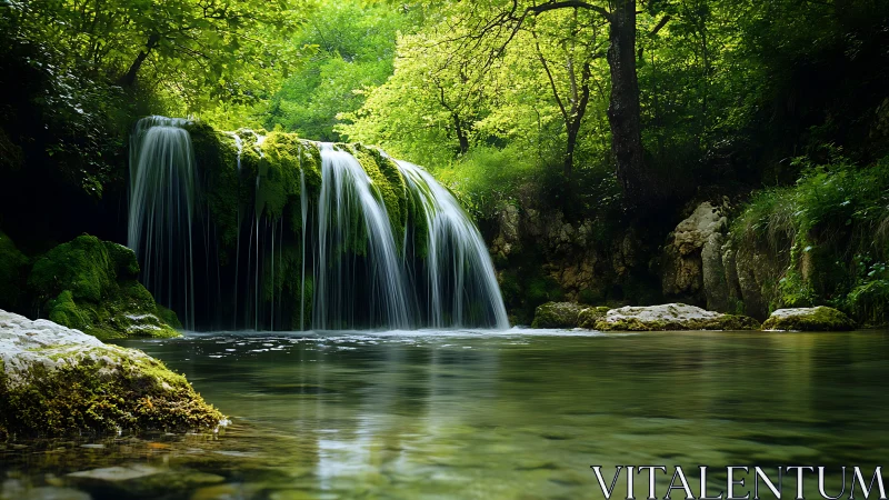 Forest waterfall spills into a calm, crystal-clear pool.