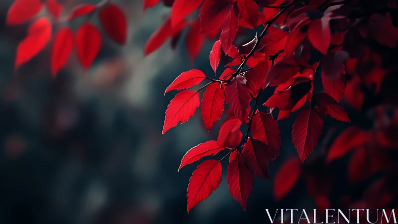 Vivid Red Autumn Leaves on Branch with Soft Dark Background.