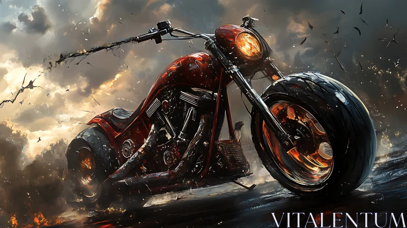 Fireborn chopper growls through storm clouds and molten streets
