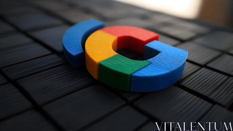 Colorful abstract Google-inspired 3D logo on textured black surface.