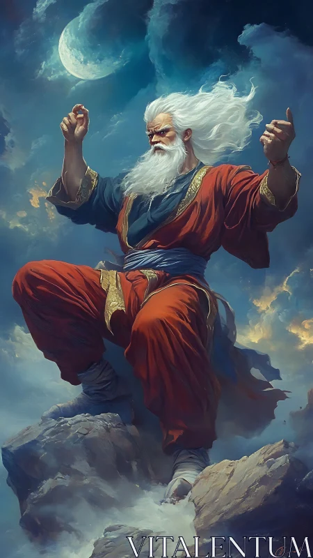 Elderly robed figure on rocky peak under moonlit sky.