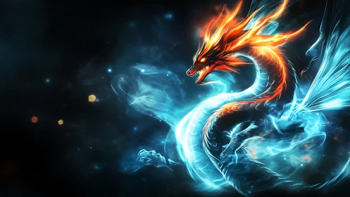 Elemental dragon coils through blazing cyan ether storm.