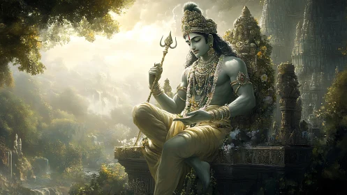 Seated crowned deity holds trident amid ornate temple ruins