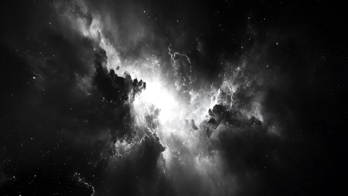 Monochrome nebula structure with dense central luminosity.