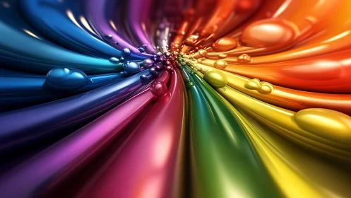 3D rainbow liquid tunnel with reflective flowing droplets.