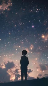 Silhouetted child gazes into a dreamy, star-swept twilight sky
