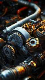 Intricate engine machinery glows with warm industrial light