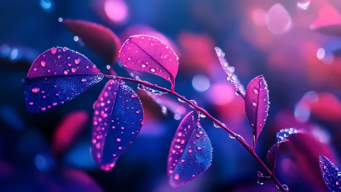 Branch with wet bicolored leaves is shown in close-up