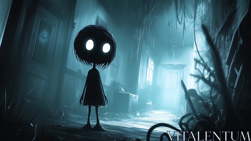 Backlit childlike silhouette in decrepit monochrome hallway