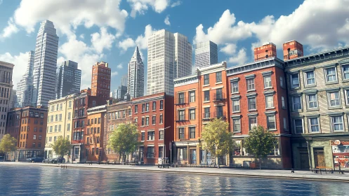 Sunlit riverside city block contrasts with modern skyline.