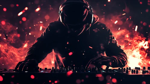 Hooded DJ mixes tracks amid blazing red neon firelight