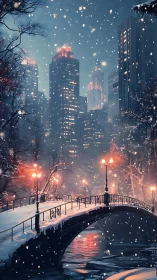 Snow-laden urban bridge under lamplight contrasts with lit towers