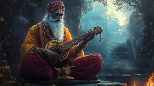 Mystic sage plays sitar in glowing forest shrine at dusk.
