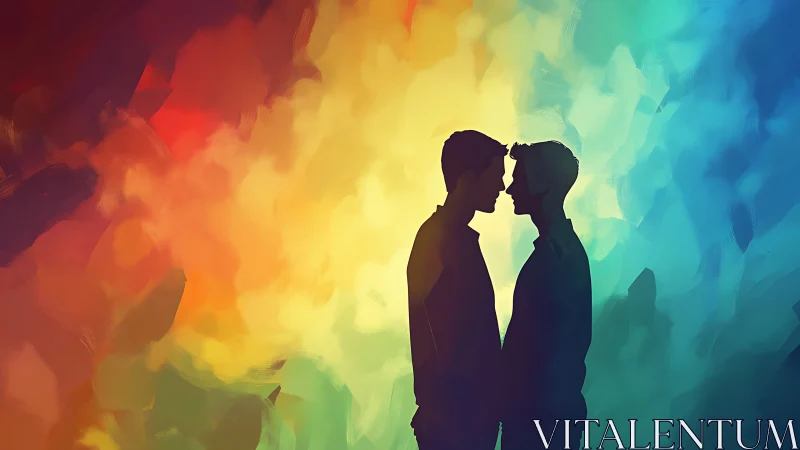 Two silhouetted figures face each other against vibrant gradient background