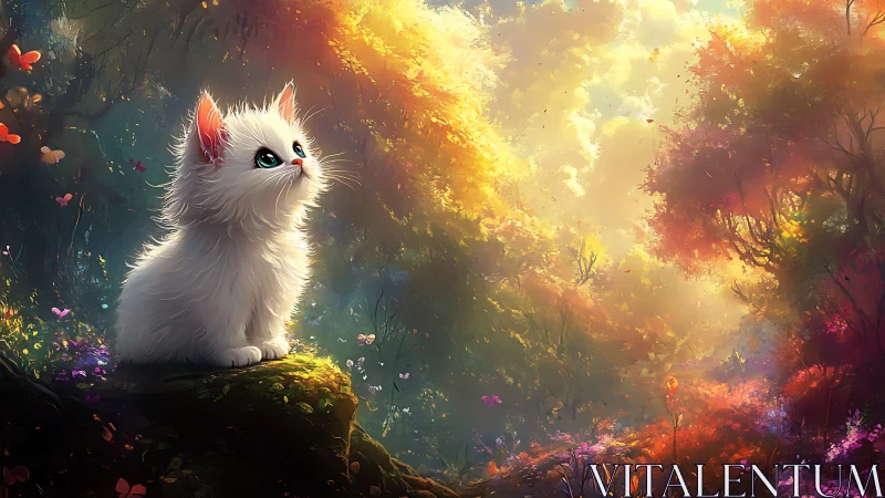White kitten sits on mossy rock in dense luminous forest