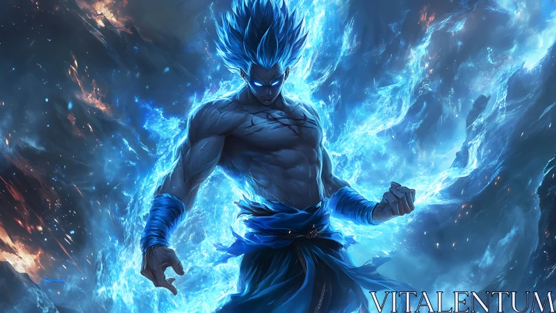 Blue-flame warrior ignites a storm of cosmic battle energy.