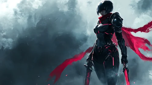 Armored figure with red scarf in foggy digital landscape.