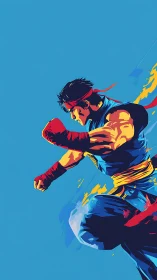Martial artist in dynamic midair punch on blue background.