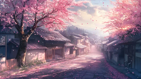 Cherry blossom street glows under serene spring sunset.