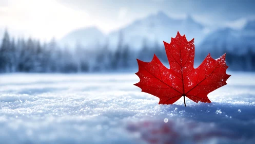Red maple leaf resting on bright snow in winter landscape.