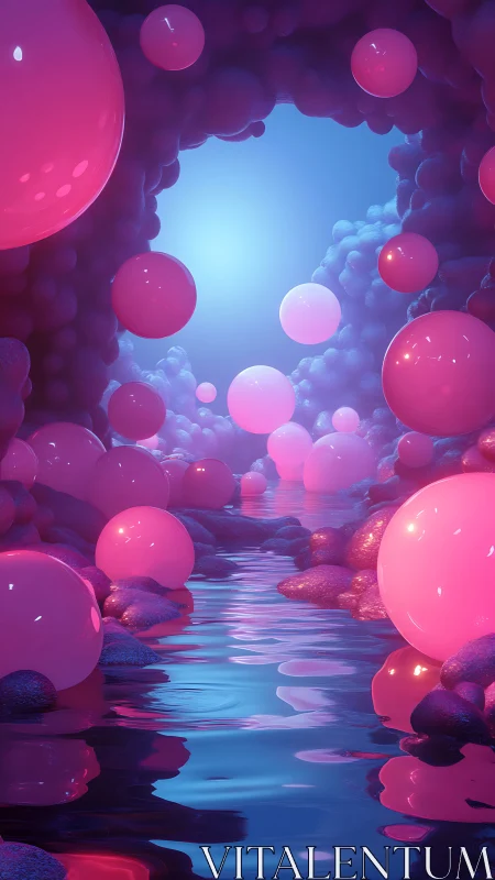 Luminous pink spheres above reflective stream in cavern