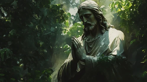 Praying stone messiah statue stands in dappled forest light