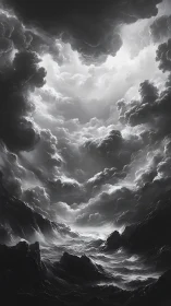Storm-lit ocean gorge under swirling monochrome skies.