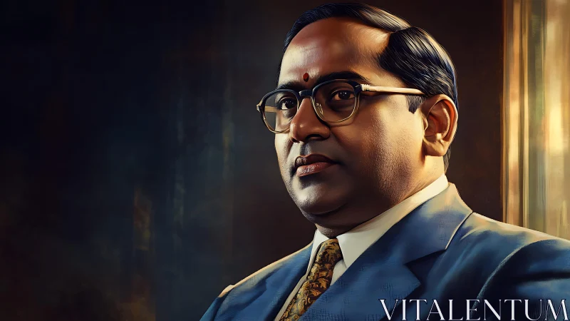 Digital portrait of dignified man in blue suit and glasses.