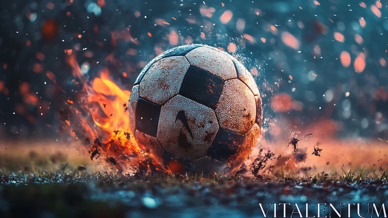 Fiery soccer ball explodes through wet turf in vivid motion