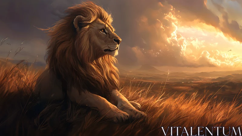 Backlit lion studies sunset plains with high contrast rim lighting