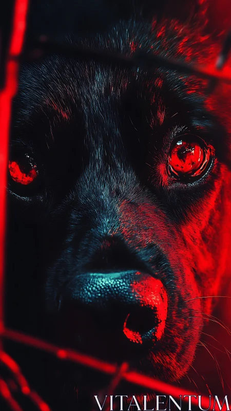 Staring canine eyes under red neon confinement glow.