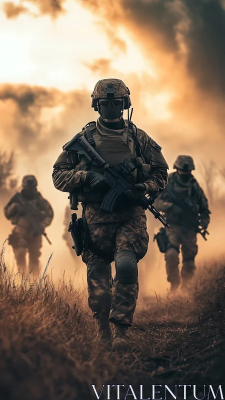 Modern infantry squad advancing through dusty sunset field