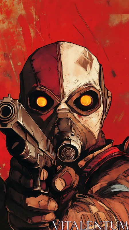 Gas-masked gunman in close-quarters aim against distressed red field