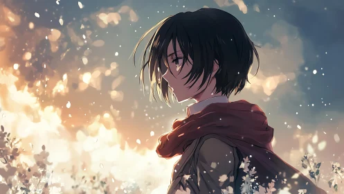 Side profile of anime figure in field at dusk light.